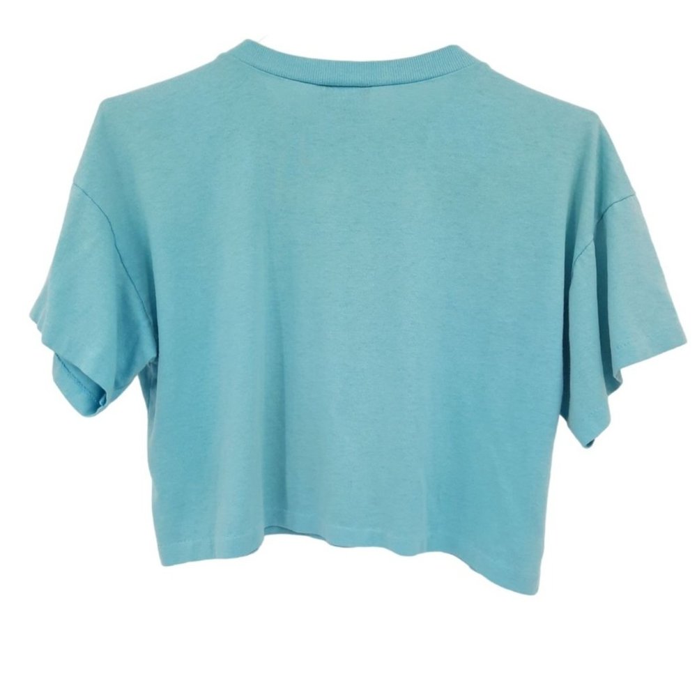 VTG 80s Just On Blue Neon Beach Graphic Crop Tee Half Shirt Shell Sailboat M - Picture 6 of 6